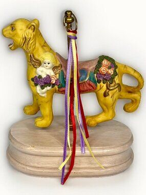 Carousel Tiger Music Box Collectible Cherub Flowers Ribbons Decor 6.5” Tall